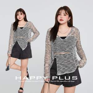 Ensemble de couverture tricotée Happy Plus pour femmes grandes tailles, haut décontracté ajouré avec short noir gris N8889 - Product Image 3