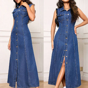 Chemise en Jean Décontractée Longue Bodycon pour <span class=keywords><strong>Femme</strong></span>, Nouveau Modèle à Boutons, <span class=keywords><strong>sans</strong></span> Manches, Ajustée Simple, Été Délavé - Product Image 2