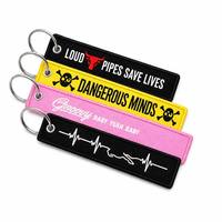 Porte-clés personnalisé en tissu brodé avec slogan « Good Luck Danger Smiley » pour motard, motocross, vêtements et sacs