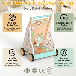 1+ Toddlers 10-in-1 Montessori Push <b>Walker</b> Adjustable Speed & Height Natural <b>Wood</b> Learning Walking <b>Baby</b> Kids Furniture - Product Image 4