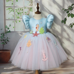 Abito da Principessa per Bambine con Applicazioni 3D Ocean World, in Raso Morbido, con Perle e Maniche a Sbuffo per Matrimoni, Compleanni e Feste - Product Image 4