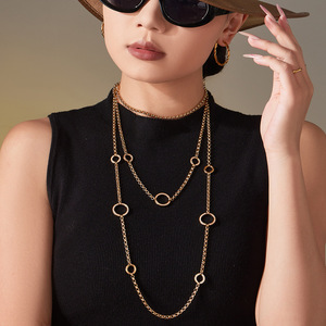 3-Tier Graduated Pave CZ Open Circle <b>Long</b> Multi Layer Rolo Chain <b>Necklace</b> - Product Image 1