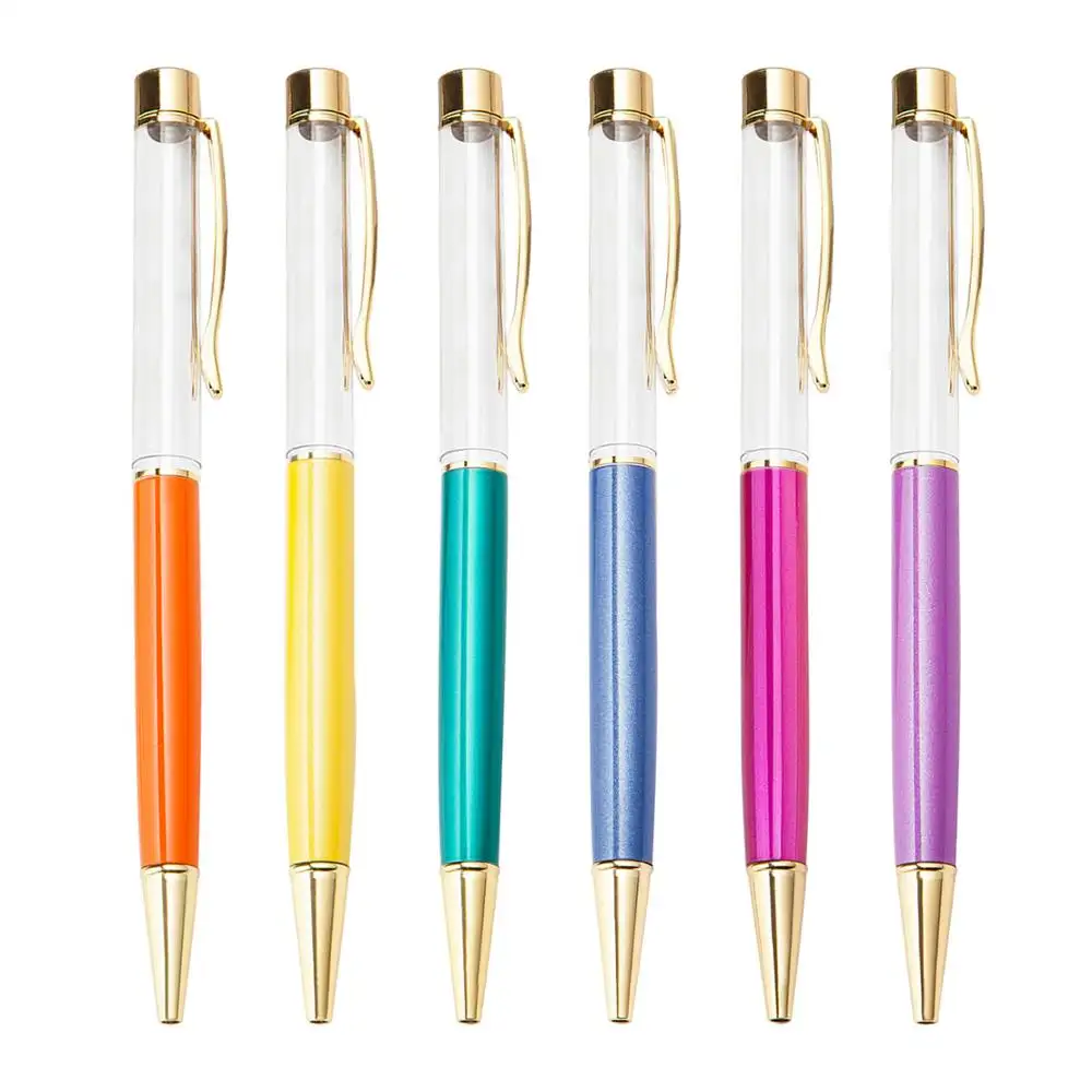 Varil tüp Diy promosyon ucuz Metal flatör çok renkli yüzen tükenmez kalemler tükenmez dolma See Through Glitter boş kalem