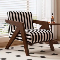 Fauteuil d'appoint en bois de noyer de style mid-century JP avec tissu tissé noir et blanc et pouf assorti pour salon