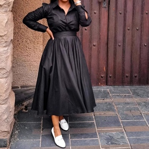 Women's Long-Sleeve Collared Shirt With African-Inspired Elegance, High-Waisted Pleated Skirt, Casual 2-Piece <b>Set</b> Fashion - Product Image 2