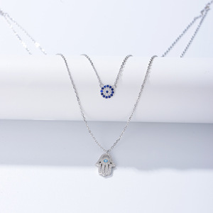 Collares <span class=keywords><strong>de</strong></span> <span class=keywords><strong>Plata</strong></span> <span class=keywords><strong>de</strong></span> Ley 925 al por Mayor, Joyería Fina, Colgante <span class=keywords><strong>de</strong></span> <span class=keywords><strong>Hamsa</strong></span> y Ojo Turco en Capas con Cadena para Clavícula - Product Image 4