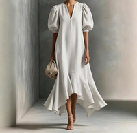 Nouvelle Robe Longue Tissée Respirante 2026 à Col en V, Manches Bouffantes, Taille Empire Amincissante, Couleur Unie et Ourlet Irrégulier – Tendance et Élégante