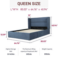 Sommier en métal à lattes Kainice avec tête de lit pour lit king-size à dossier haut, vérin hydraulique, cadre de lit bleu, style moderne du milieu du siècle, réglable