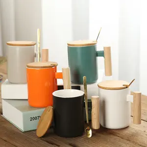 Promosyon sanat özel logo porselen kupa seramik kahve kupa seti hediye kutusu ile bambu ahşap saplı kapak