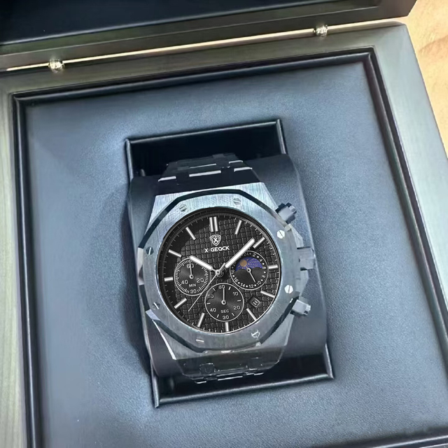 X-GEQCK Mens Stainless Steel Quartz Luxury Fashion Multifunction Chronograph 3BAR Waterproof Luminous Sport Watch