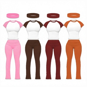 Conjunto de dos piezas con mangas raglán para mujer, Top corto de manga corta, pantalones de cintura alta, traje deportivo de color sólido para todas las estaciones - Product Image 4