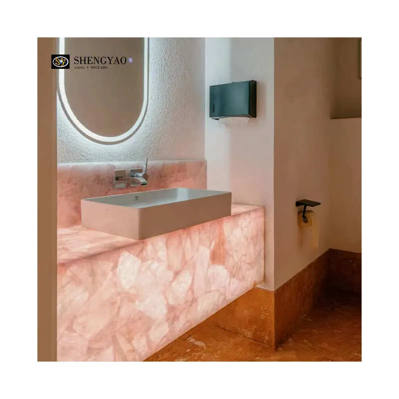 Tamaño personalizado retroiluminado cristal de cuarzo rosa piedra translúcida tocador de baño con fregadero