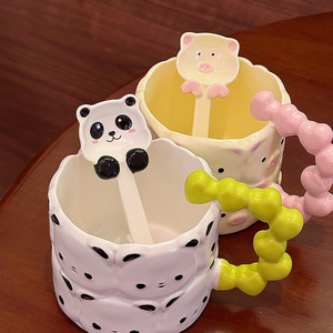 <b>Cute</b> Panda Ceramic <b>Mug</b> With Spoon Cartoon Design Pink And Green Handle Office Coffee Cup For Gift - Product Image 4