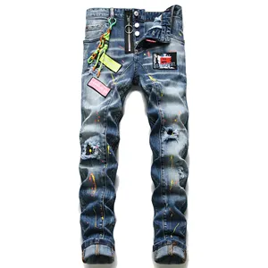 Erkek kot pantolon dar pantolon erkek yırtık Slim Fit düz Denim motosiklet kırık delikler ile genç görünümlü pantolon