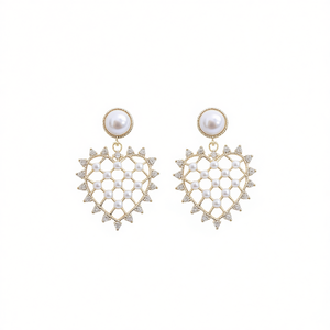 Boucles d'oreilles pendantes en forme de cœur plaquées or avec perles d'imitation, bijoux de mariage pour femmes, style romantique, boucles d'oreilles en alliage de zinc - Product Image 1