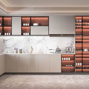 Ensemble d'armoires de cuisine en bois massif personnalisable, design moderne, résistant à l'eau, écologique, équipé de tiroirs, îlot, comptoirs, panneaux - Product Image 1