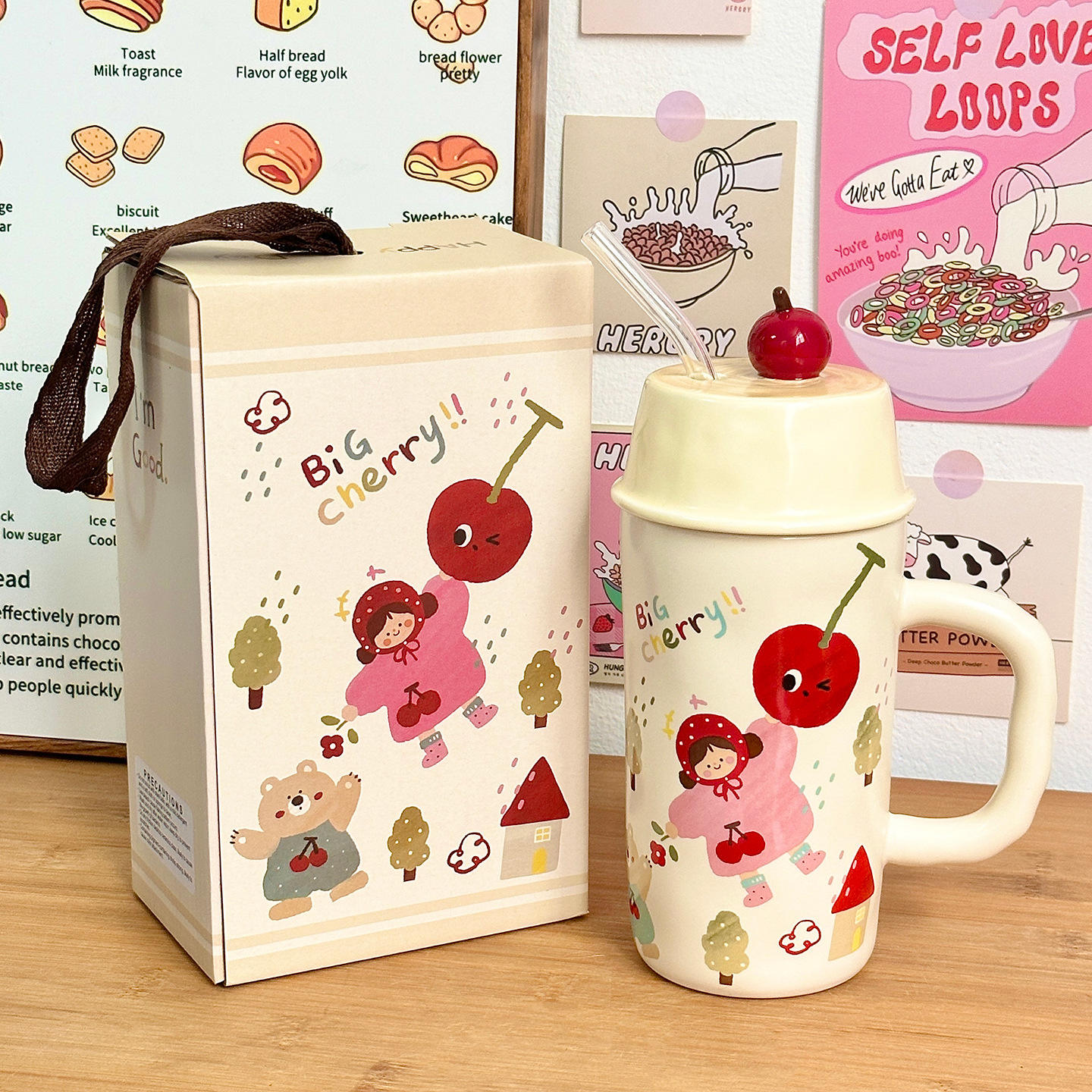 [ฝาและหลอด] แก้วน้ำพร้อมหลอดลายเชอร์รี่ - Cherry Girl