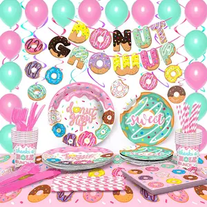 Donut Grow Up Birthday Pusheen Birthday Party Supplies Kit Donut Paper Plates Cups Napkins Straw Swirls and Balloons Baby Shower