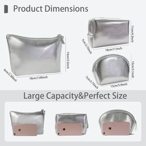 Bolsa de Aseo de Viaje Impermeable Grande de Cuero PU para Mujeres y Niñas, Bolso de Mano Plateado Impermeable, Bolsa de Maquillaje Plateada de PU - Product Image 3
