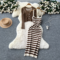 Ensemble deux pièces pour femme, cardigan en crochet à manches longues et robe moulante à bretelles spaghetti, pour le printemps et l'été