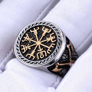 Bague en acier inoxydable couleur or avec boussole viking et runes, style hip-hop Europe et Amérique, accessoires de mode pour hommes - Product Image 5