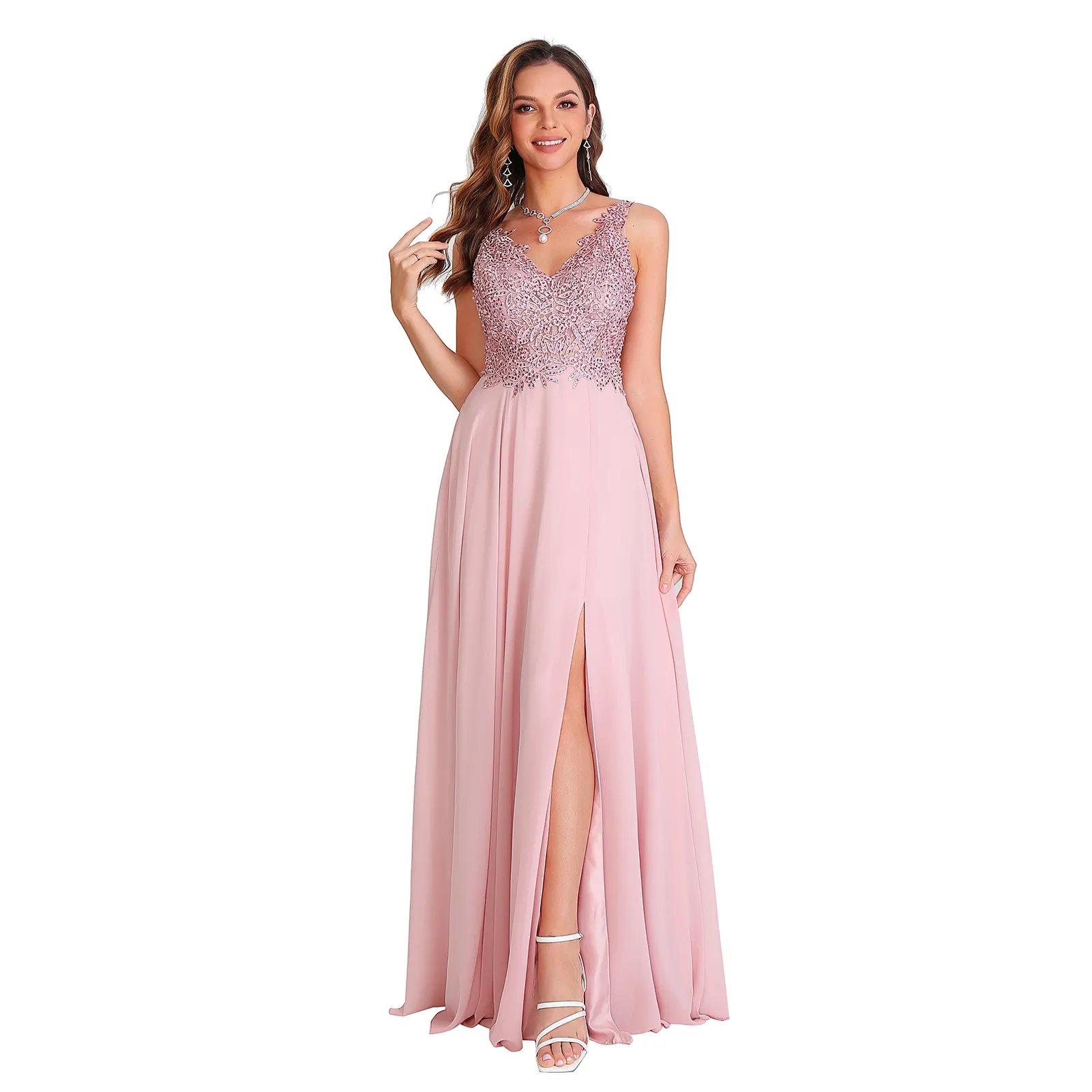 Elegant Ladies party sleeveless long slit dress flower lace with bead Chiffon prom gown evening High quality dress