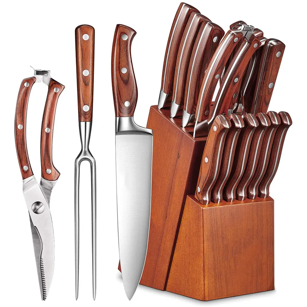 Lo mas vendido גרמנית פלדה מחושל בישול שף סכין מטבח סכיני שירות סט עם עץ בלוק של לוגו מותאם אישית ידית