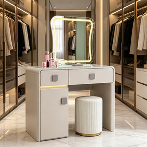 Coiffeuse moderne blanche avec miroir éclairé, tiroirs de rangement et armoire, table de maquillage pour chambre à coucher avec tabouret - Product Image 6