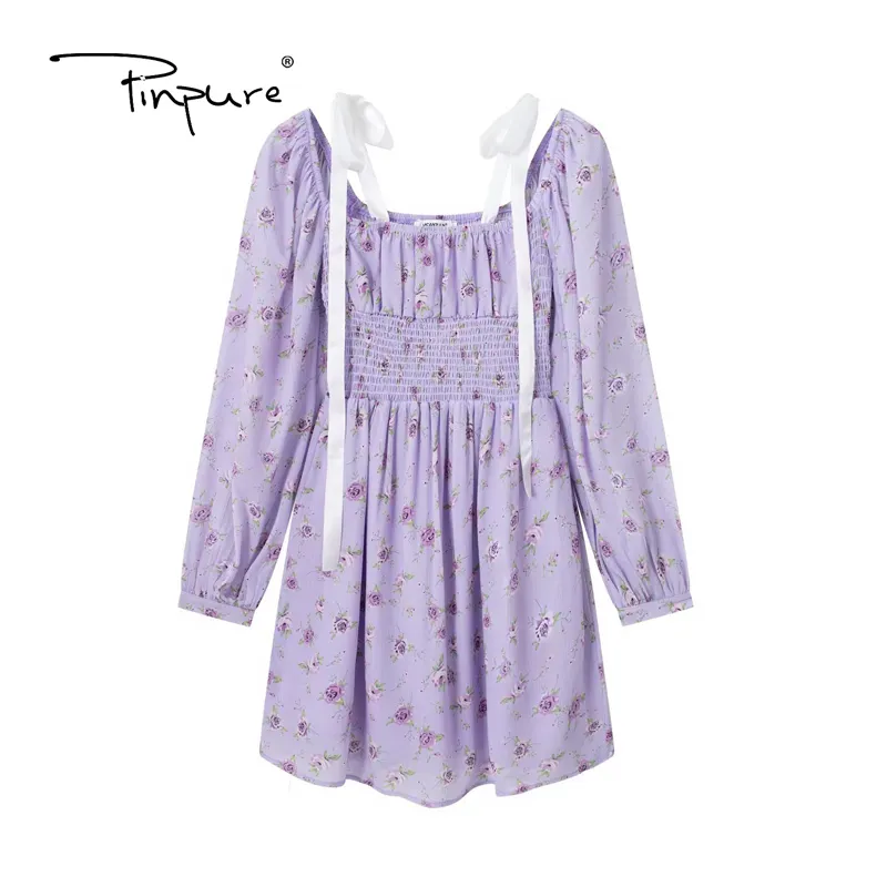 R30977S Sexy Purple Flower Print Ruched Elastic Body Lantern Sleeve Mini Dress France Style Retro Women Cross Lacing up Ribbon