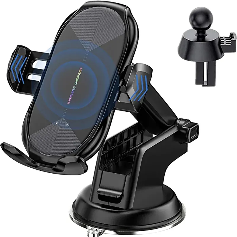 3 in1 Long arm Car Mount Wireless Car Charger 15W Qi Fast Charging Auto-Clamping Dash Windshield Air Vent Phone Holder