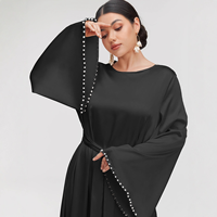 Robe longue maxi élégante en polyester uni avec ceinture à nouer à la taille, manches longues évasées et bordure de perles pour femme, style Abaya Kaftan musulman