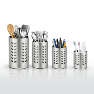 Stainless Steel Cylindrical Utensil Holder <b>Set</b> with Leaf Pattern for Kitchen Storage and Organization - Product Image 4