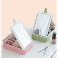 Miroir de courtoisie portable pliable en PU avec lumière LED tricolore, sac de rangement pour maquillage et bijoux en extérieur, produit de beauté et de soins personnels