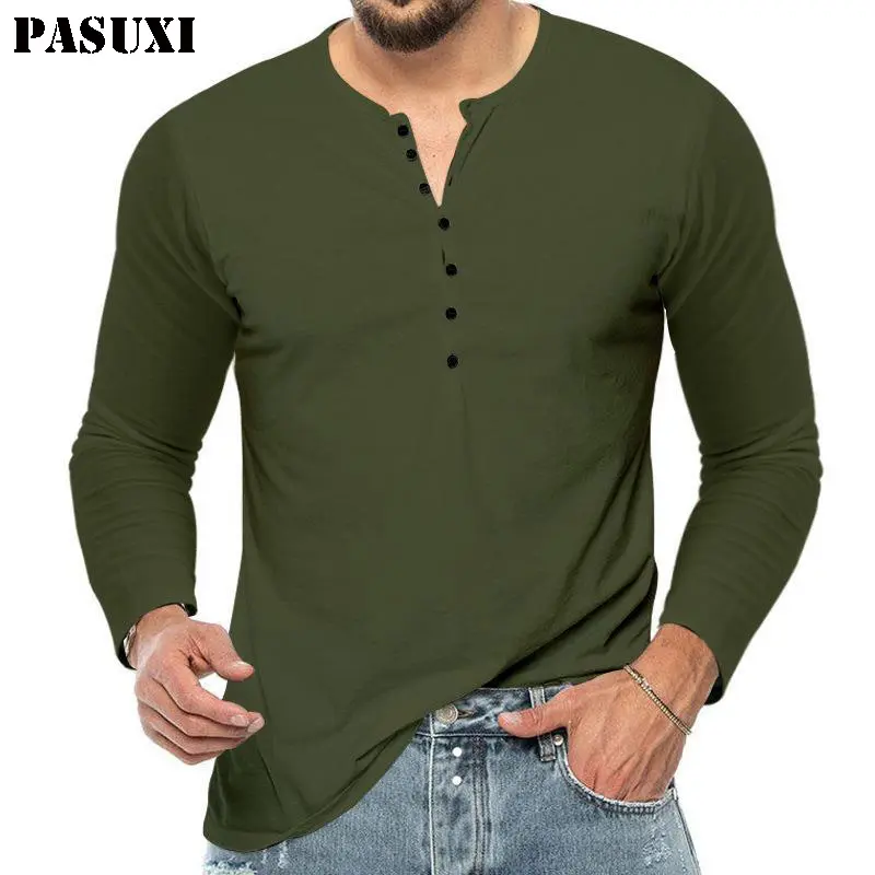 PASUXI sıcak satış erkek Casual O boyun tam kollu T shirt yüksek kalite katı renk Slim Fit spor Tops