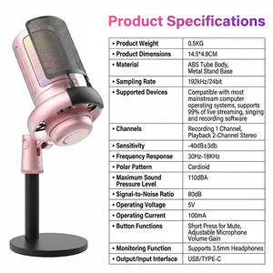 Microphone USB/Type-C rose avec éclairage RGB, Plug & Play, Condensateur Cardioïde pour Streaming en Direct/Enregistrement/Karaoké 192kHz/24bit PJT-DMK2143 - Product Image 2