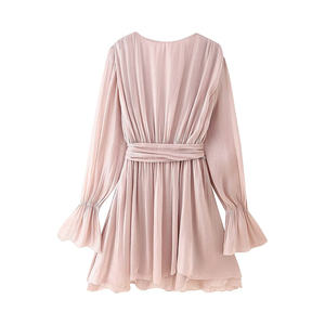 SHENZHU Ropa de Mujer Otoño 2025, Nuevo Vestido de <span class=keywords><strong>Moda</strong></span> con Lazo en la Cintura, Vestido Mini Femenino Retro con Cuello en V y Manga Larga - Product Image 3