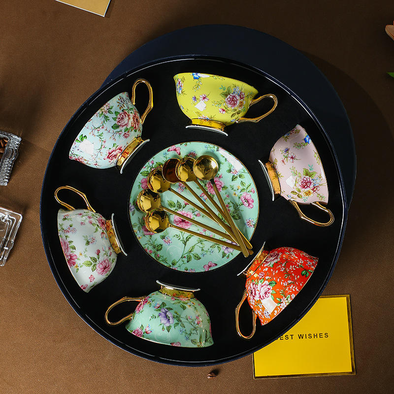 Six-color cup, dish and spoon round gift box