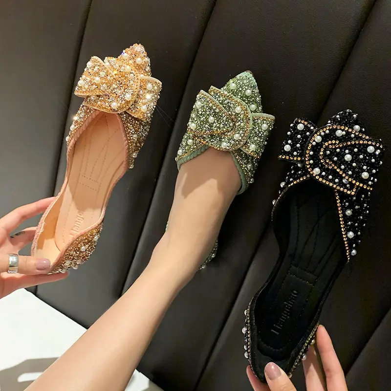 hot sale women flat soled pearl rhinestone spring casual shoes pointed toe shoes ladies single dress shoes