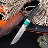 Couteau fixe en bois d'ébène et acier damas turquoise GT-F0118, couteau de camping, de chasse et de plein air avec étui en cuir