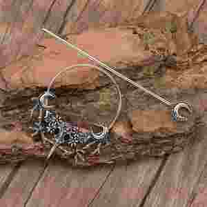 Horquilla para el pelo vintage vikinga gótica de luna de bruja, accesorio de aleación de plata para el pelo largo, horquilla retro misteriosa con calavera de cuervo - Product Image 1