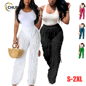 <span class=keywords><strong>Pantalon</strong></span> de jogging ample et long pour femme, taille haute, uni, avec volants ondulés et empiècements, coupe large - Product Image 1