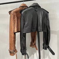 2023 col rabattu manteau en cuir ample femmes Vintage vin rouge recadrée veste en cuir de mouton avec ceinture