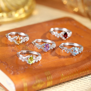 Bagues ajustables minimalistes en pierres naturelles en forme de goutte d'eau, en argent sterling 925, avec fleurs et feuilles, bijoux faits à la main pour femmes - Product Image 3