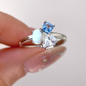 Adjustable Stackable Gold <b>Ring</b> Multi Stone <b>Ring</b> With Oval <b>Opal</b> Main Stone Blue Pear CZ Three Stone Open <b>Ring</b> <b>For</b> <b>Women</b> - Product Image 5
