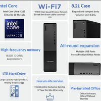 Ordinateur de bureau Lenovo ThinkCentre S500 de performance supérieure, nouveau modèle US, processeur Intel Core Ultra 5-225 10 cœurs, 8 Go/16 Go de RAM DDR5, SSD 256 Go