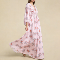 Robes longues élégantes à col en V profond pour femmes, fabriquées sur mesure par des fabricants de vêtements haut de gamme, dos nu, manches longues, décontractées, à fleurs