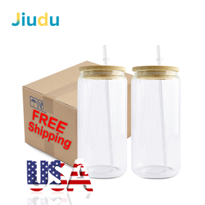 New Arrival 16oz Straight Clear Frosted Sublimation Glass <strong>Tumbler</strong> Beer Can <strong>Mason</strong> <strong>Jar</strong> with Bamboo Lid Straw Product Category for - Product Image 5