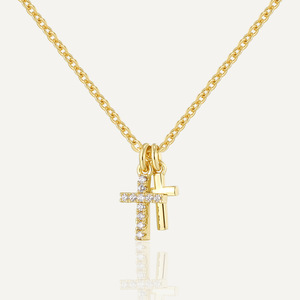 Double Layer Cross Pendant Necklace 18K Gold Plated Brass Jewelry Zircon Claw Setting Classic Link <b>Chain</b> 20inches Unisex - Product Image 1
