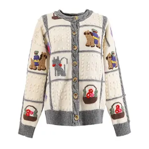Women's Winter Hand Cartoon Embroidery Knitted Cardigan Sweater Sweet Simple Color Splicing Twisted Rope Knitting Cardigan