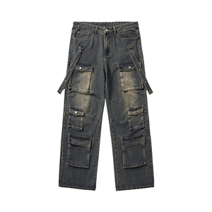 Jeans cargo baggy personnalisés, plusieurs grandes poches, denim foncé délavé rétro, jeans pour hommes, vêtements de travail en denim, jeans cargo - Product Image 4